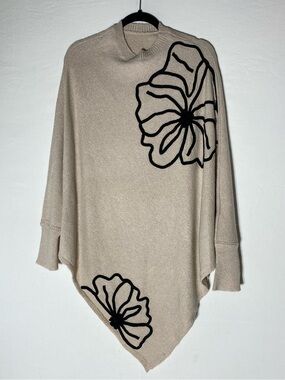 Beige Floral Knit Asymmetric Poncho Sweater M
